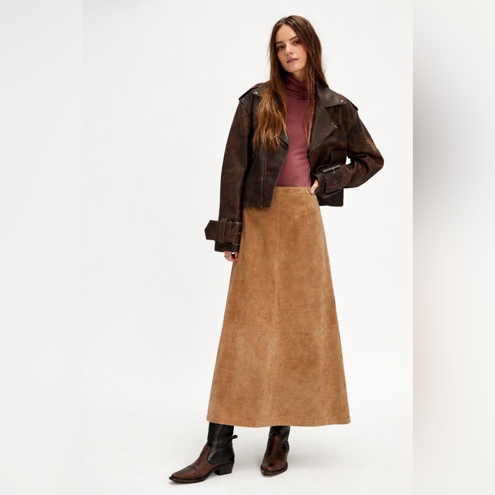 Jessica Holbrook Tan Suede Leather Maxi Skirt Size 16 Vintage 90s Boho